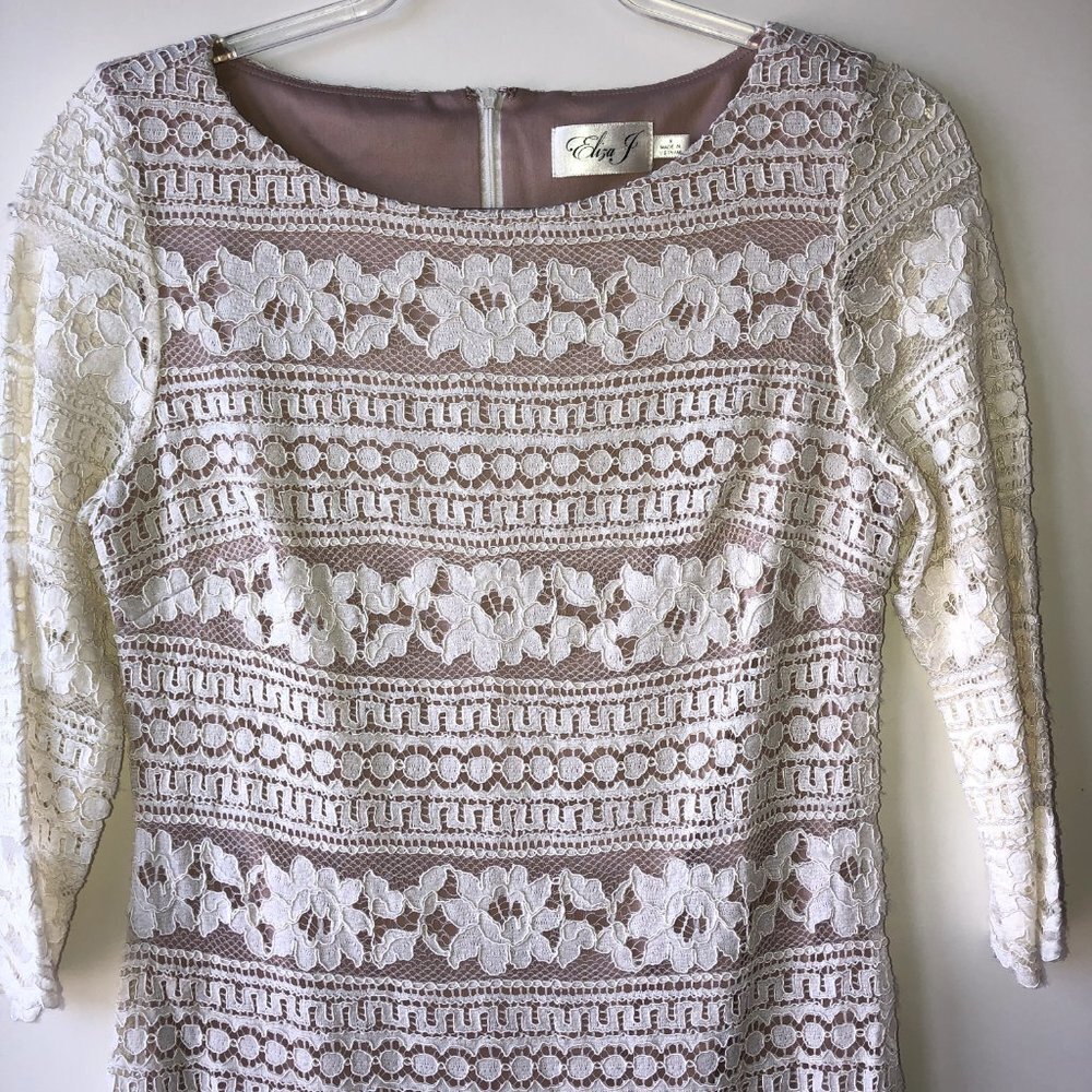 Eliza J Cream Lace Overlay 3/4 Sleeve Midi Shift Dress Size 6 - Picture 4 of 8